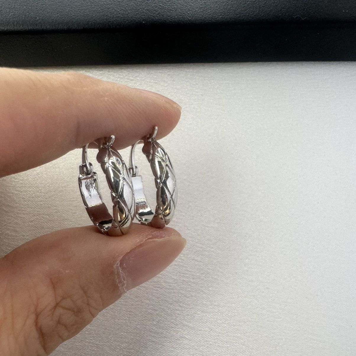Designer Polished Metal Texture Silver Hoop Earrings for Women Size ONE SIZE - 4 Thumbnail
