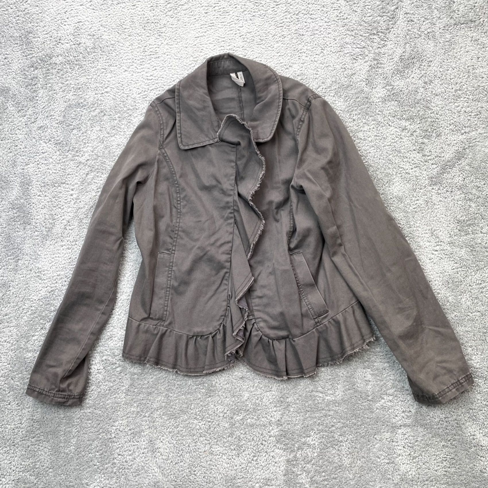 Vintage Caslon Jacket Womens Medium Gray Ruffle Coat Cotton Snap Front Classic Casual Travel Size M / US 6-8 / IT 42-44 - 2 Thumbnail