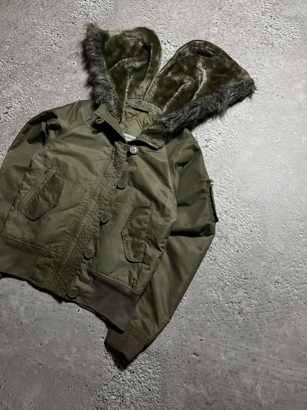 Japanese Brand × Vintage Olive bomber jacket with faux fur split zipup hood Y2K style Size M / US 6-8 / IT 42-44 - 2 Thumbnail