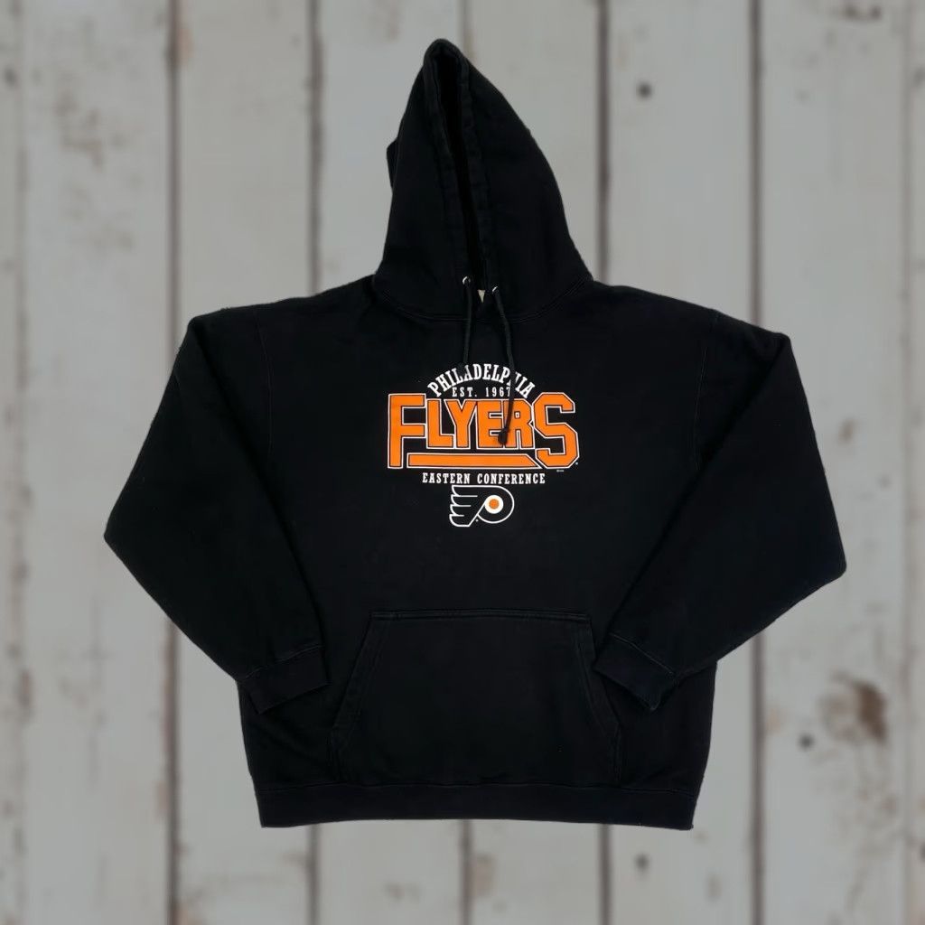 Vintage VINTAGE Philadelphia Flyers Hoodie Mens Large Black Majestic Sweatshirt 90s Pullover Hooded Graphic Print Pockets - NY? Size US L / EU 52-54 / 3 - 1 Thumbnail