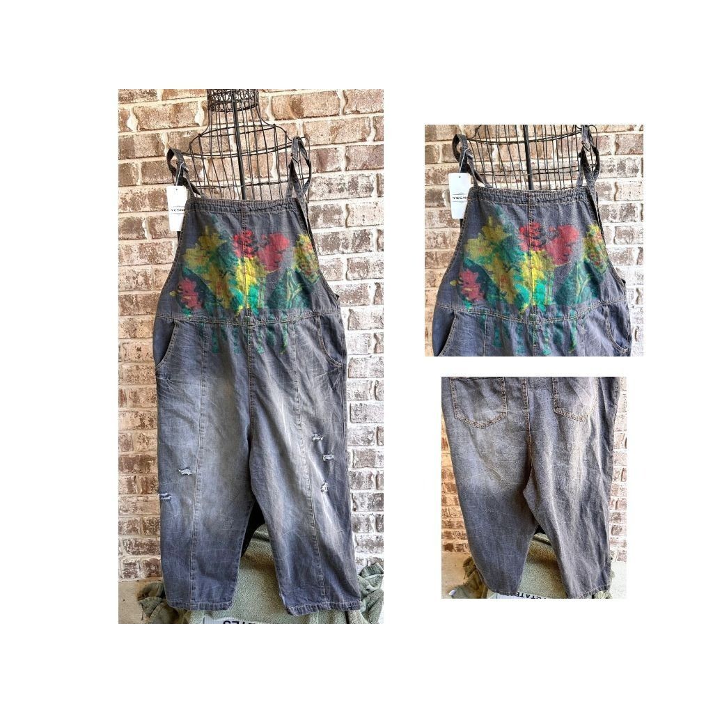 Other NWT YESNO Denim Painted Bib Overalls Medium Wide L Size 32" / US 10 / IT 46 - 2 Thumbnail