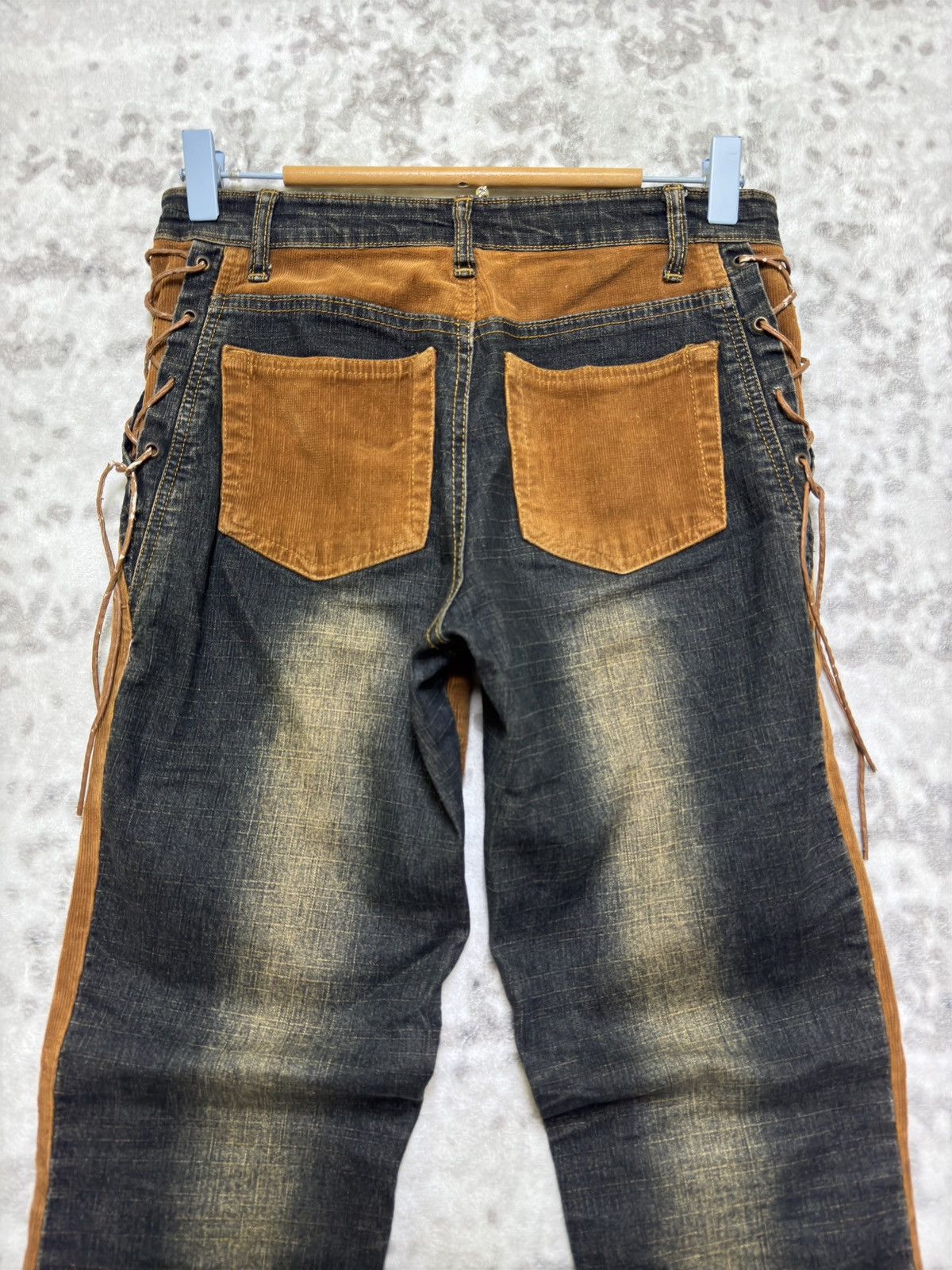 Japanese Brand Y2K Unisex Lace Up Bootcut Denim Corduroy Hybrid Jeans Size US 27 - 7 Thumbnail