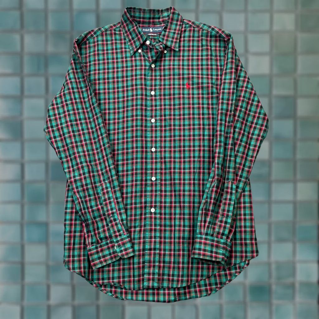 Ralph Lauren VINTAGE Ralph Lauren Shirt Mens Large Green Plaid Cotton Custom Fit Button Down Size US L / EU 52-54 / 3 - 1 Thumbnail