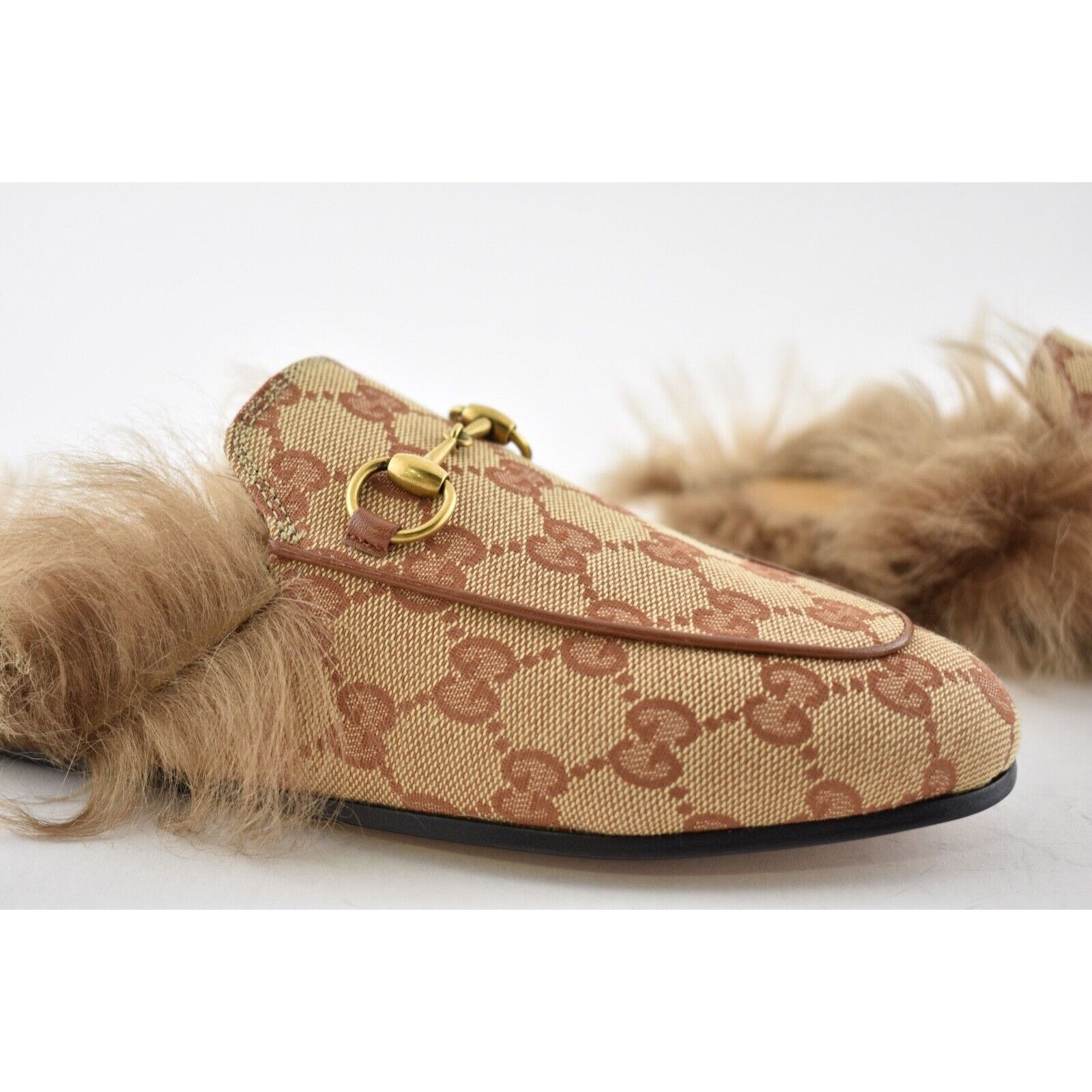 Gucci Princetown Beige Canvas Original GG Fur Loafer