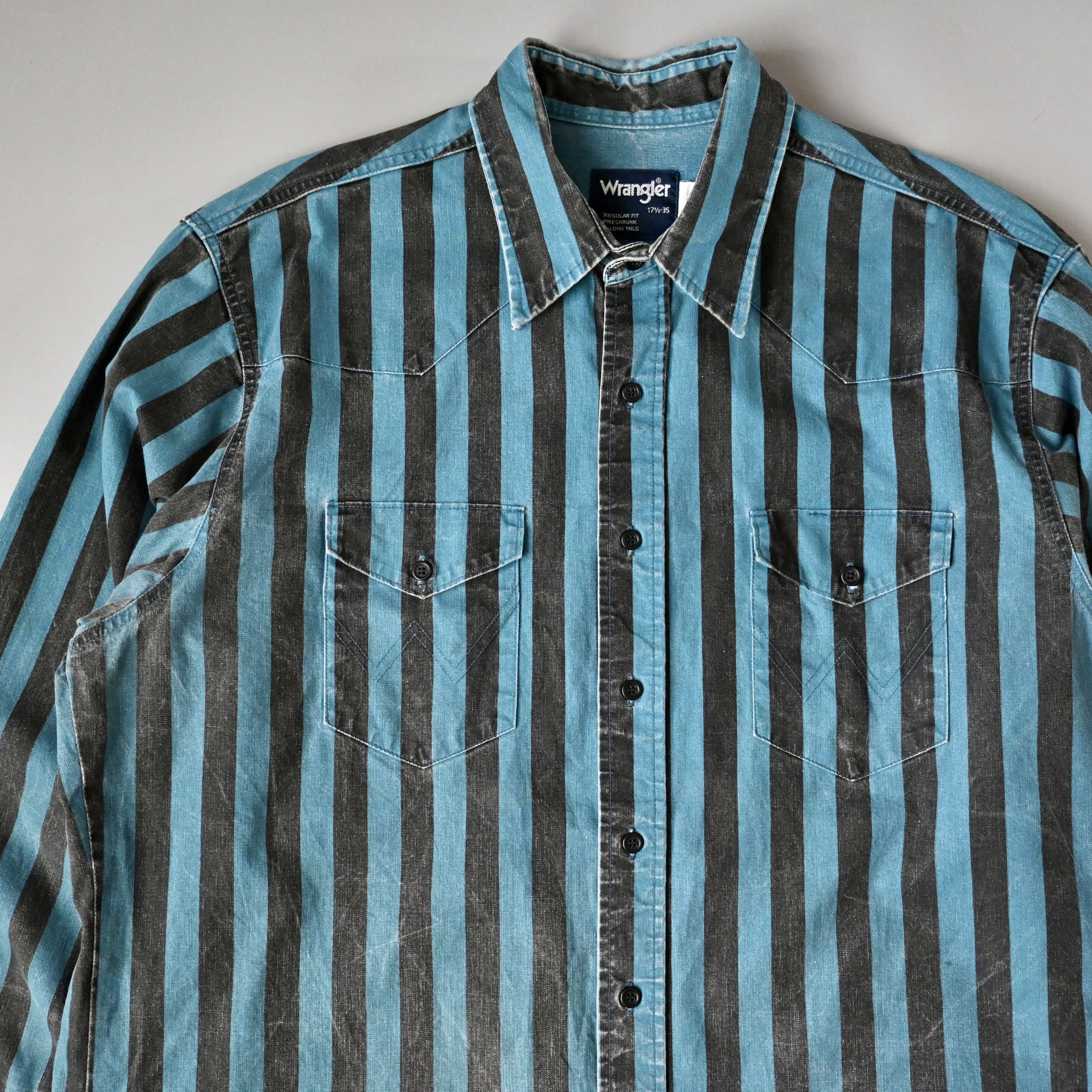 Vintage VTG Wrangler Brushpopper shirt BL x BK block stripe 17.5-35 Size US XL / EU 56 / 4 - 1 Thumbnail