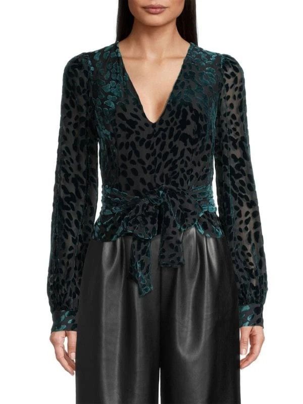 Toccin NY Blouse Louisa Teal Velvet Burnout Silk Long Slv