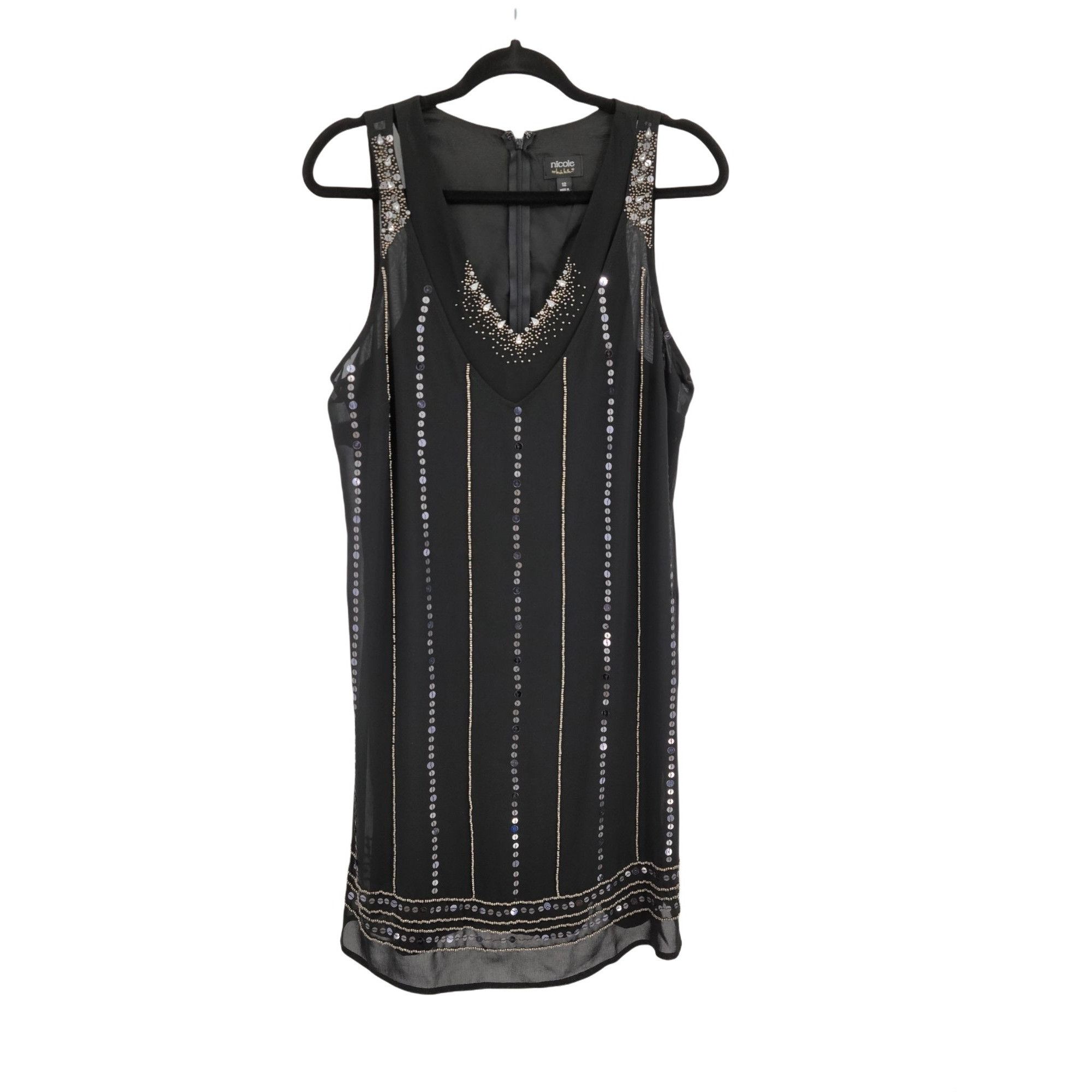 Nicole Miller Retro 20's Flapper Dress Black Sz XL Sheer Lay