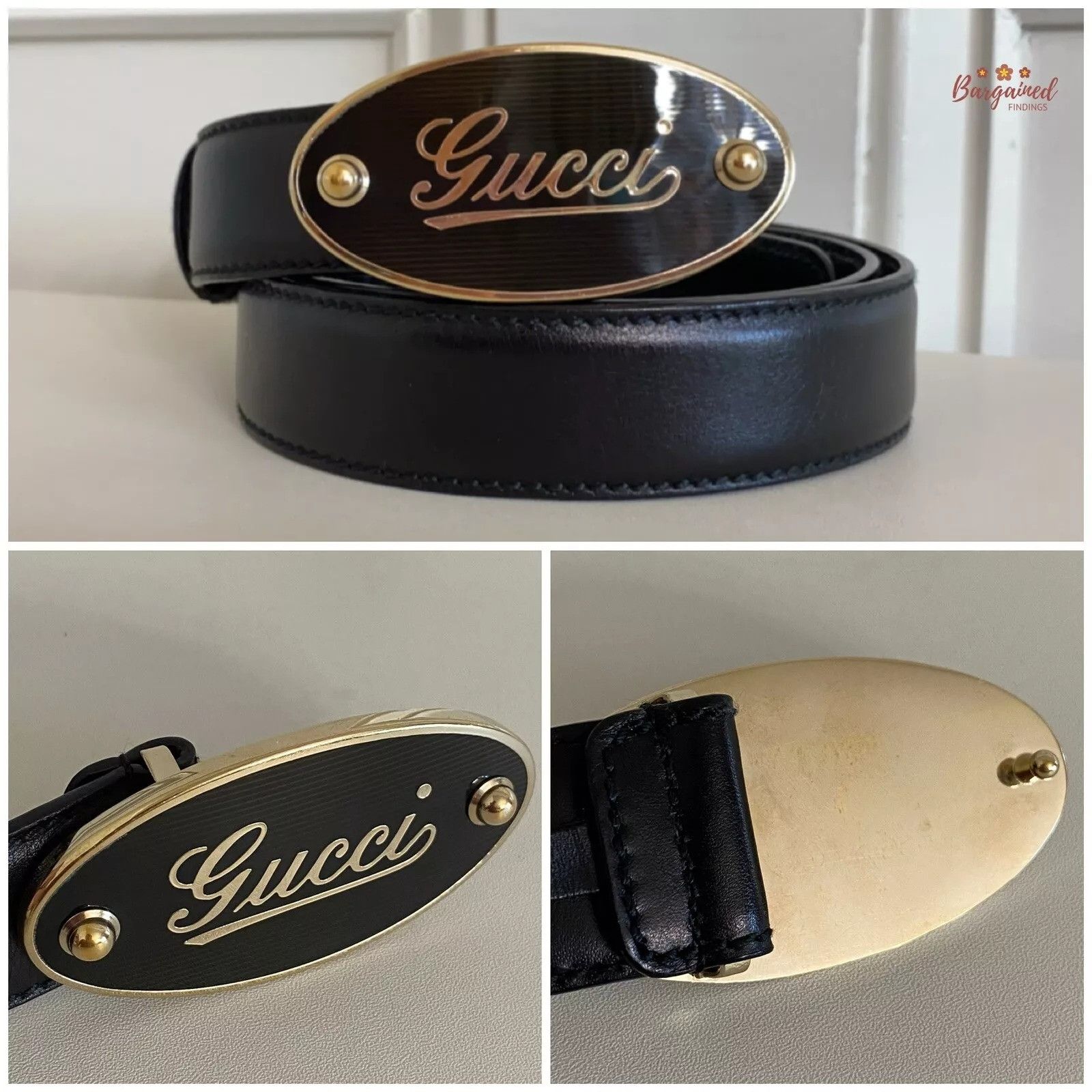Gucci GUCCI Black Calfskin Leather Gold Script Oval Buckle Belt Size 32 - 2 Thumbnail