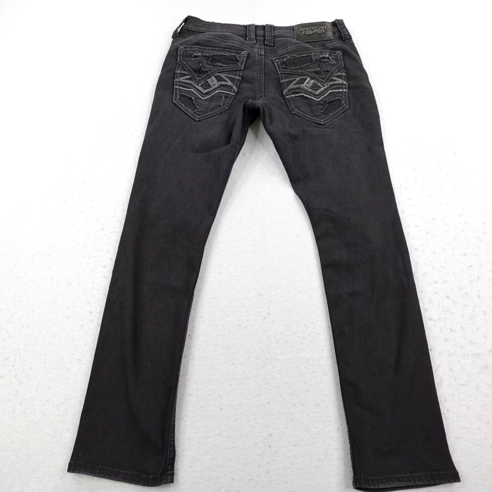 Vintage American Fighter Jeans Mens 31x30 Black Denim Straight Fit Distressed Buckle Size US 31 - 7 Thumbnail