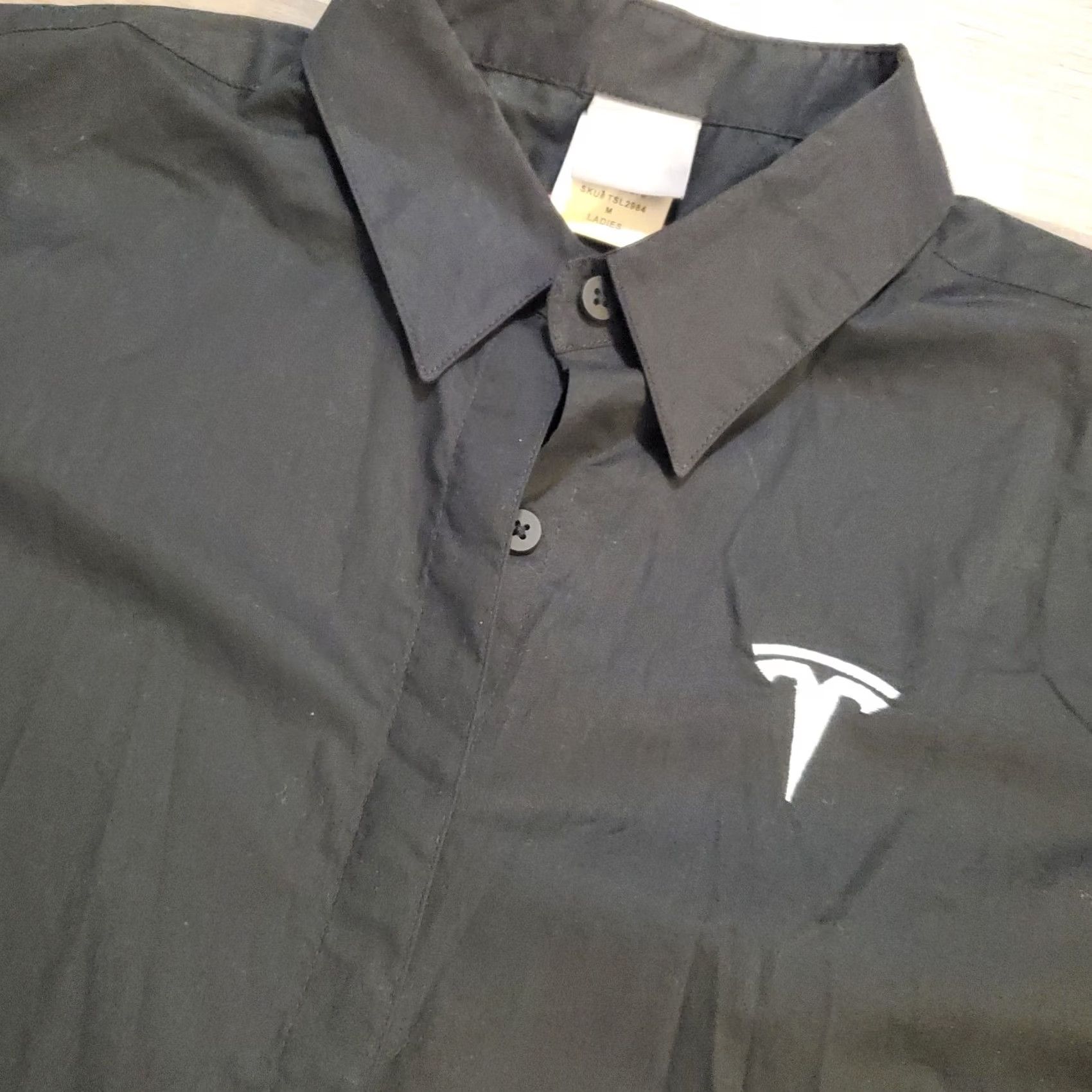 Vintage Tesla Shirt Women Dress Button-Up 3/4 Sleeve Black M Medium Slimming Cotton Blend Embroidered Tesla Logo Preppy Workwear All Seasons Size M / US 6-8 / IT 42-44 - 2 Thumbnail
