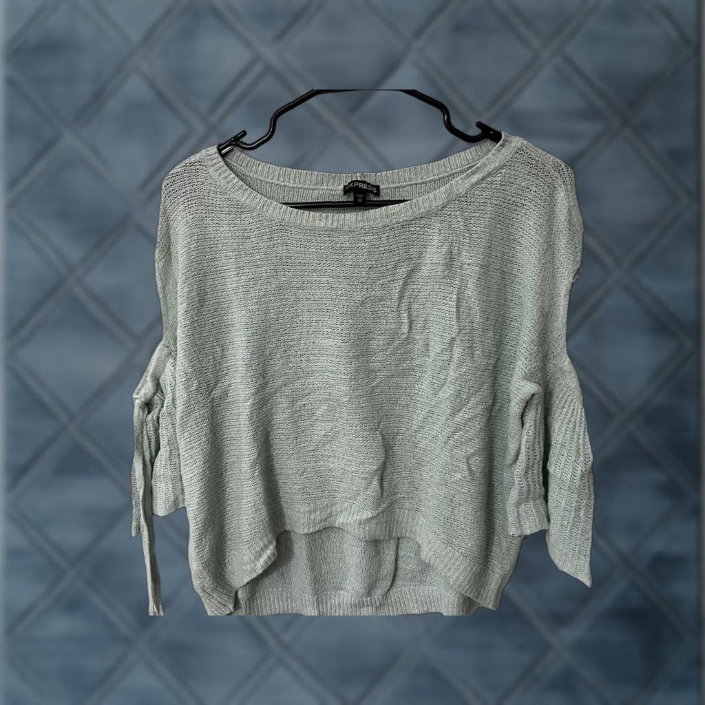 Express EXPRESS Light Blue Boho Open Shoulder Knit Sweater XS Women Bell Sleeve V-Neck Crewneck Pullover Top Bohemian Pullover Size XS / US 0-2 / IT 36-38 - 1 Thumbnail