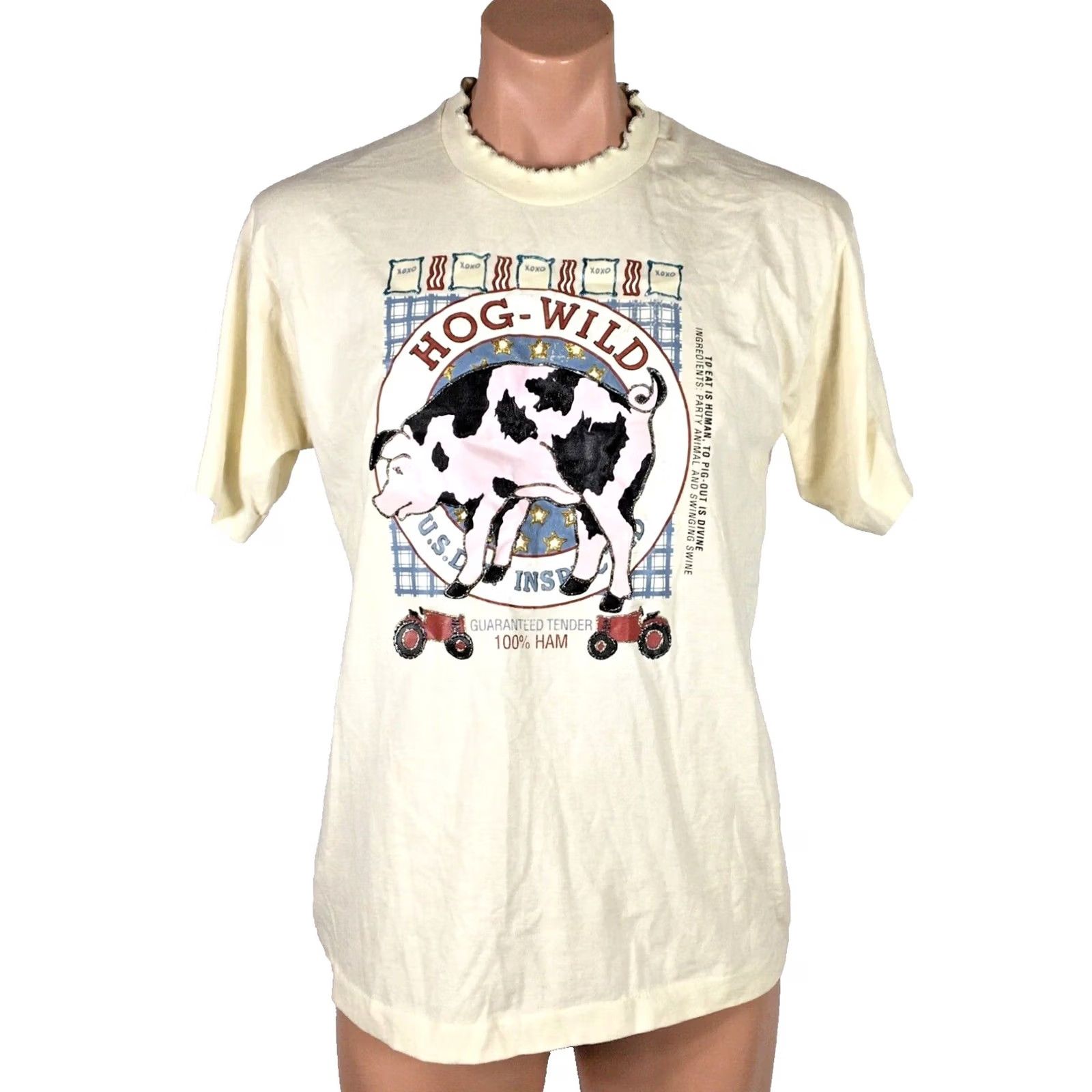 Fruit Of The Loom VINTAGE 80s HOG Wild-To eat is Human-To Pig Out is Divine Single Stitch T-Shirt L Ivory Men Size US L / EU 52-54 / 3 - 2 Thumbnail