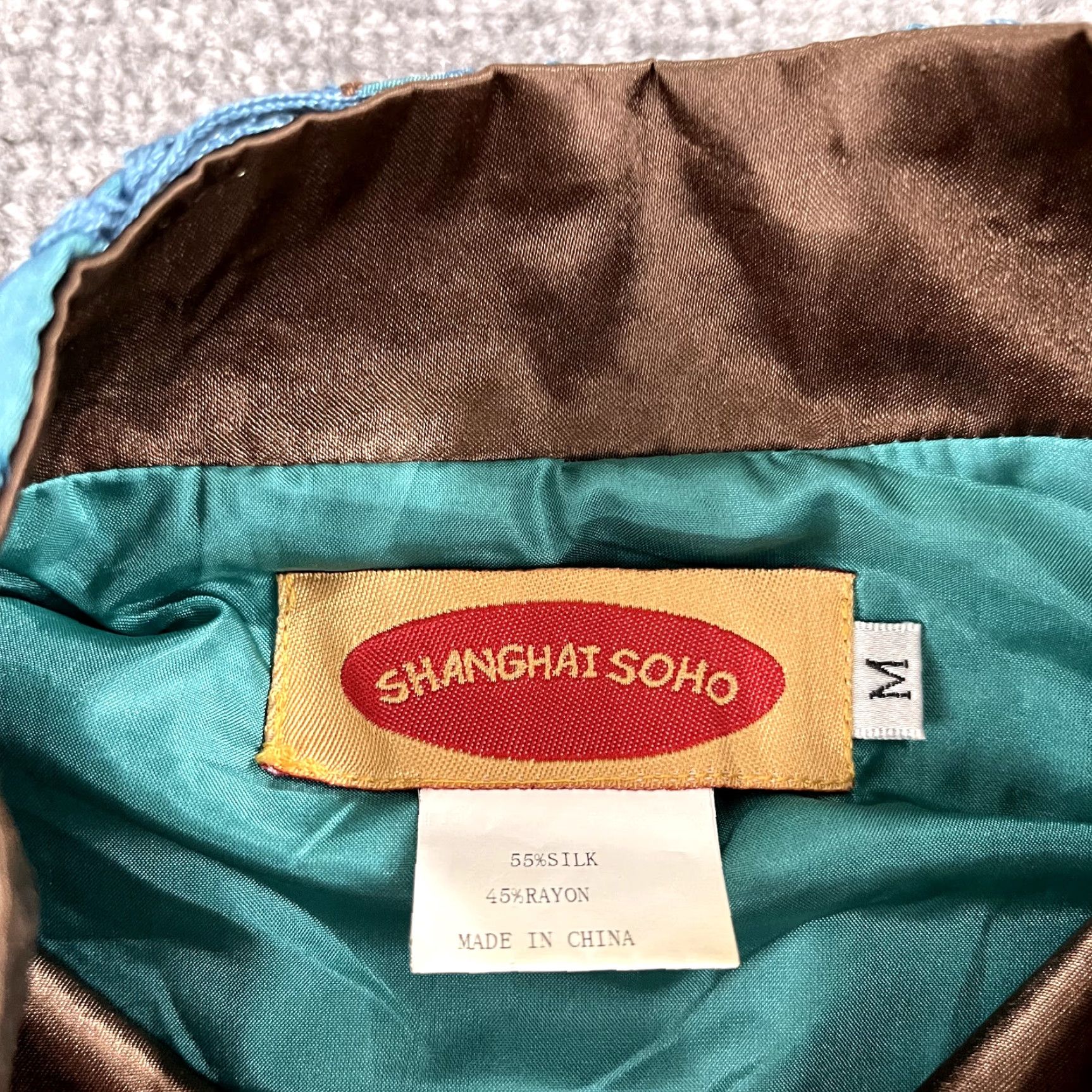 Vintage Shanghai Soho Blouse Women Medium Bluish Green Silk Rayon Embroidered Asian Size M / US 6-8 / IT 42-44 - 3 Thumbnail