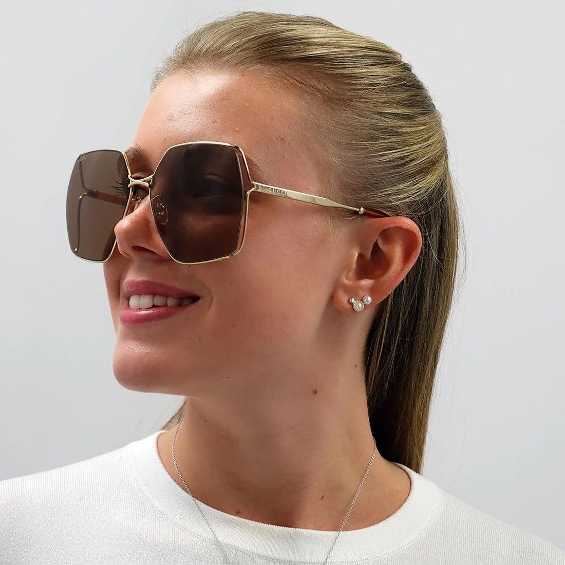 image of New Gucci Gg0817S 002 Geometric Gold Brown Women Sunglasses