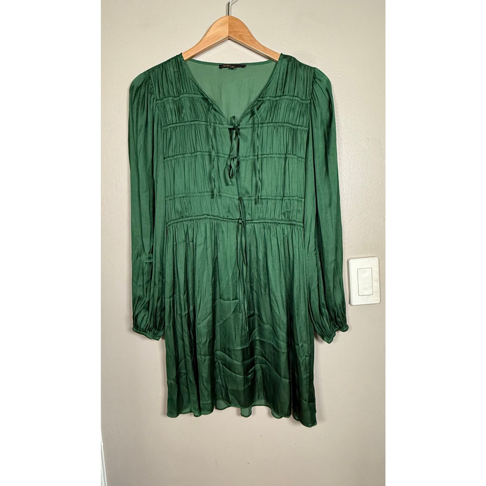 Maje Maje Green Shirred Satin Holiday Mini Dress 36/4 US $375 Size S / US 4 / IT 40 - 4 Thumbnail
