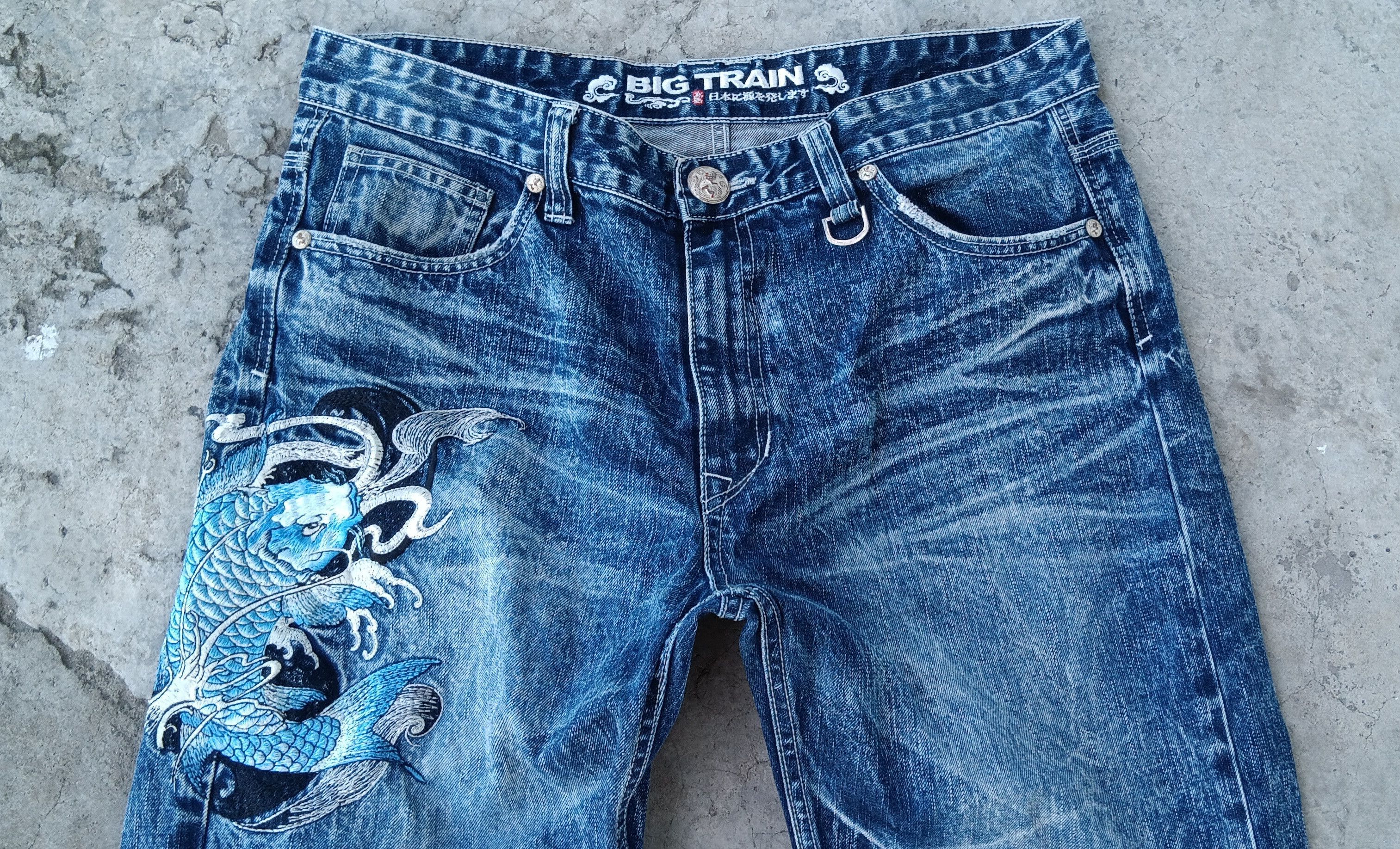 Japanese Brand × Kings Of Indigo Osaka Big Train Art Sukajan Koi Fish Embroidered Denim Size US 37 - 3 Thumbnail