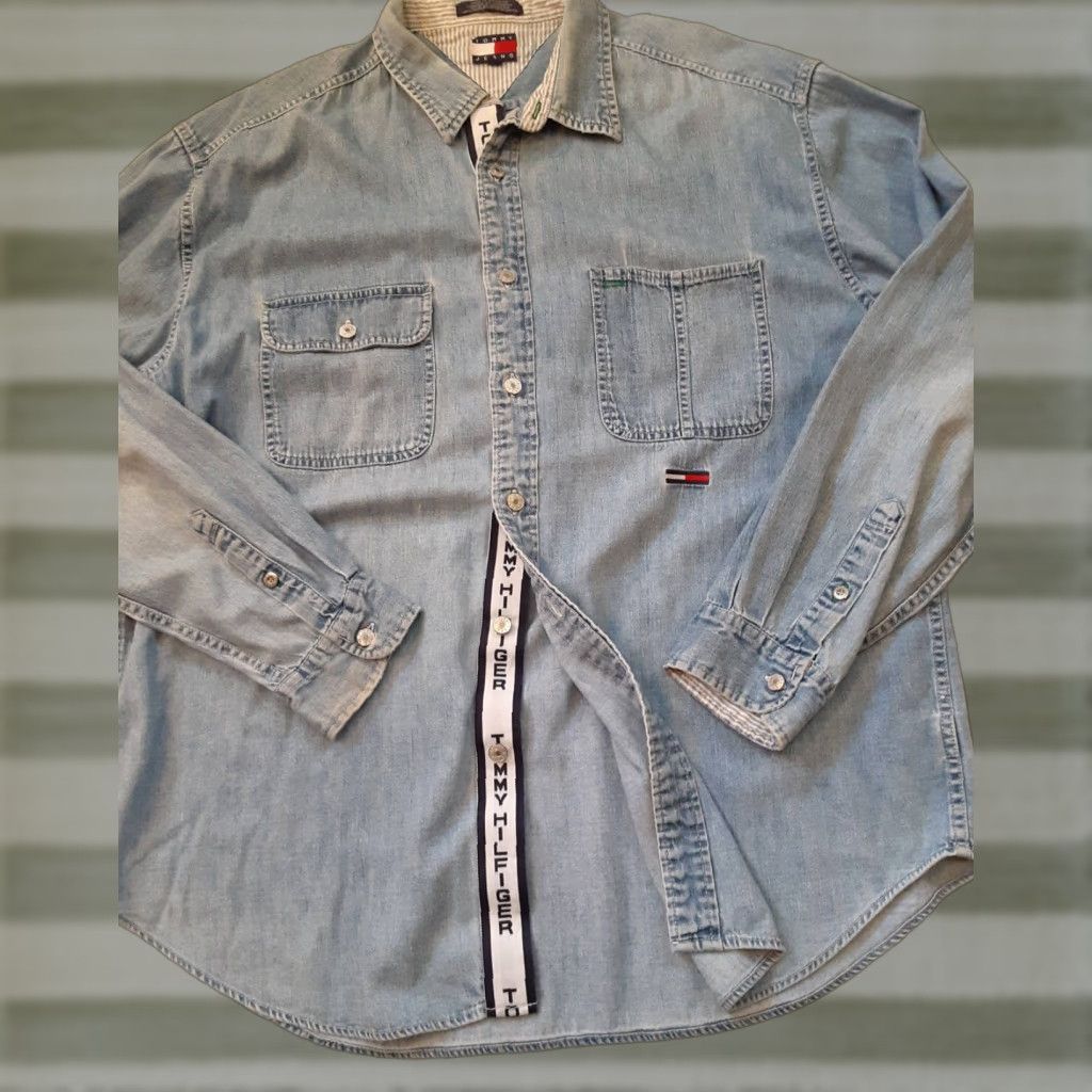 Tommy Hilfiger Tommy Hilfiger Full Metal Button X-Large Blue Jean Shirt with Tommy Strip - Button-Up, Long Sleeve, Cotton Canvas, Metal Buttons, Regular Fit, Men Size US XL / EU 56 / 4 - 1 Thumbnail