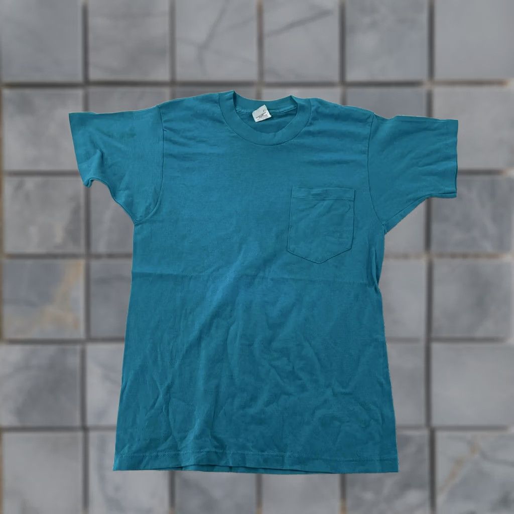 Vintage VINTAGE 90s Blank Pocket Shirt Mens XS Teal Blue Made in USA 50/50 Crewneck Tee Shirt Size US XS / EU 42 / 0 - 1 Thumbnail