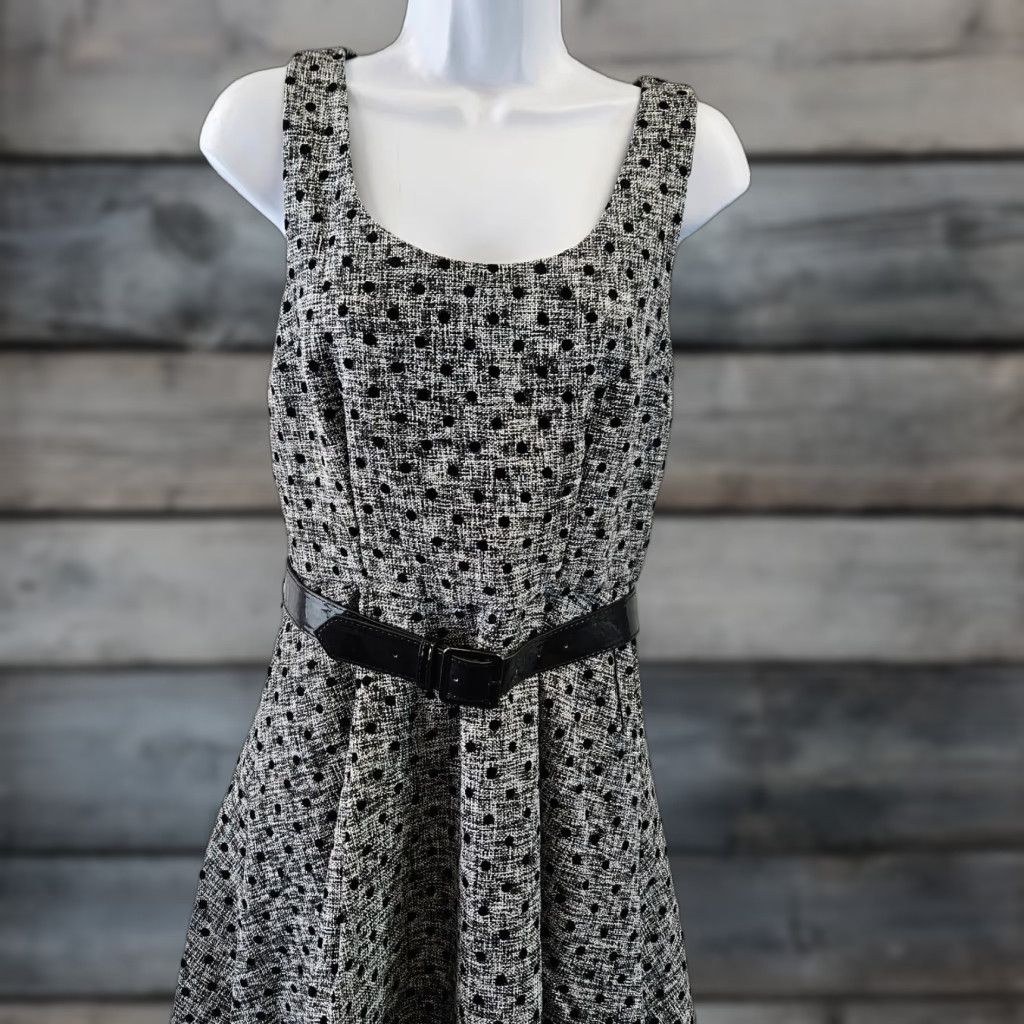 Vintage Modcloth Womens Dress Sz 6 Black Gray Tweed Polka Dot Sleeveless Belted Dress Size M / US 6-8 / IT 42-44 - 1 Thumbnail