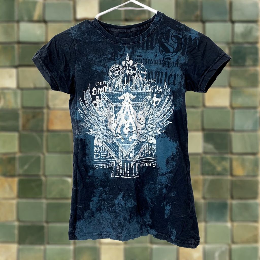 Affliction Archaic by Affliction T-Shirt Womens S Blue Black Crew Neck Graphic Print Rhinestone Studded Distressed Cap Sleeve 100 Cotton Casual Grunge Boho Size S / US 4 / IT 40 - 1 Thumbnail