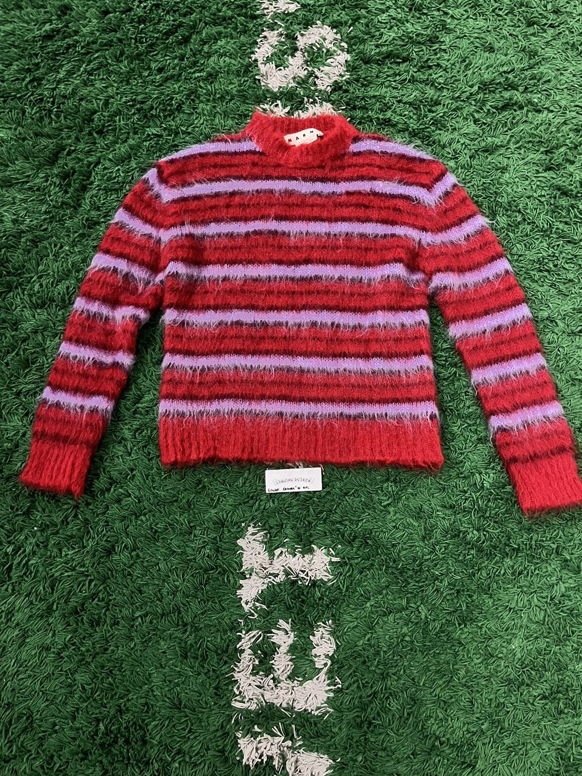 Image of Marni Mohair Knit Striped Crewneck in Purple/Red, Men's (Size Small)