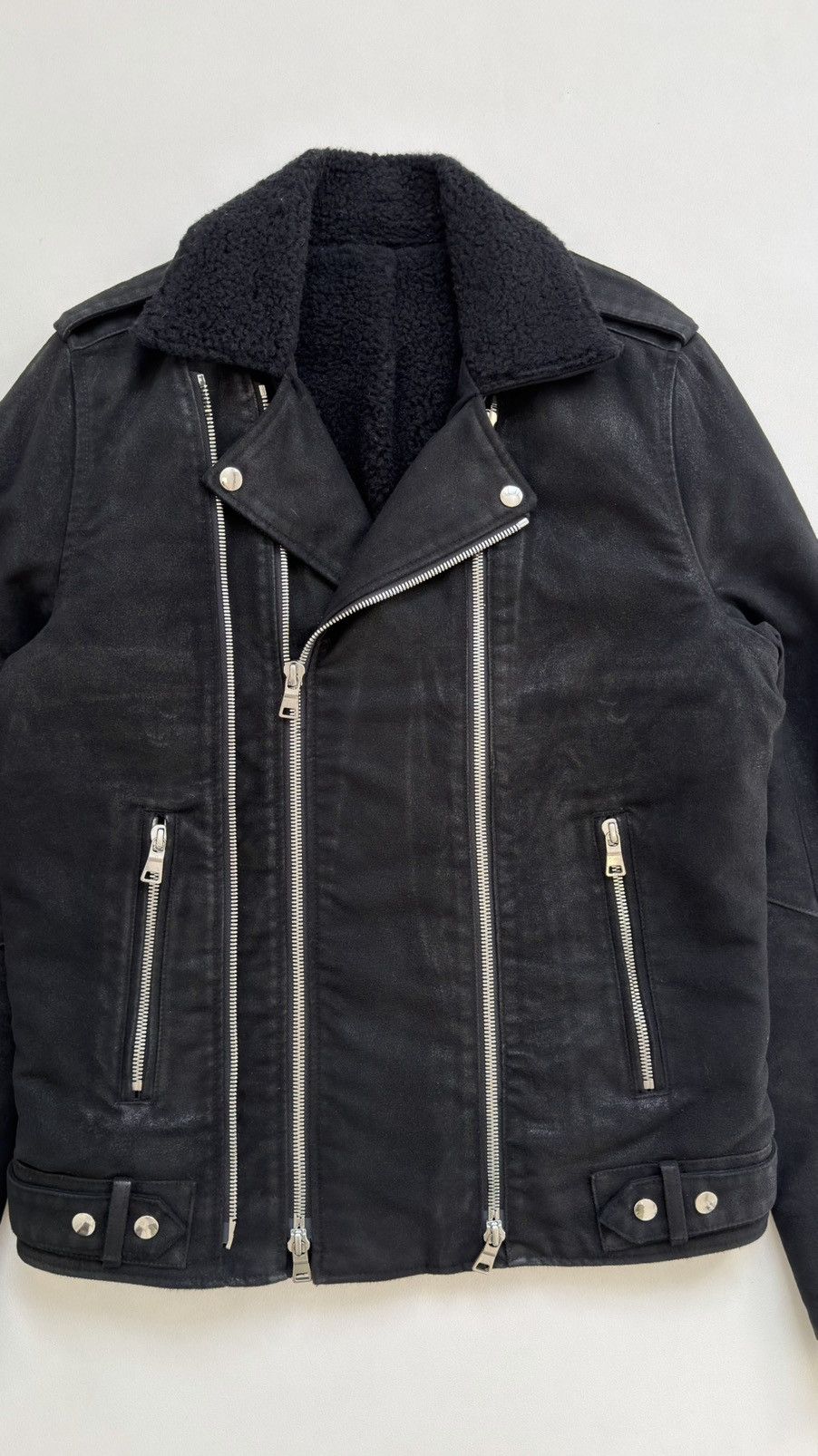 Balmain Black Cotton Sherpa Lined Biker Jacket Size US L / EU 52-54 / 3 - 5 Thumbnail
