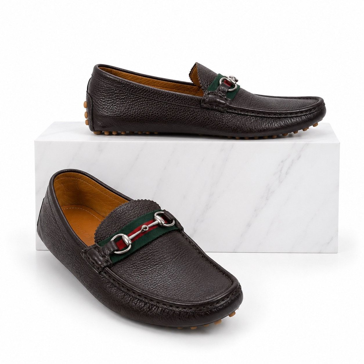 Gucci Men\'s Brown Leather Horsebit Loafers with Green-Red Web US 11 Driving Gucci Horsebit Loafers Brown Men 11 Leather Slip-On Dress  main image 3