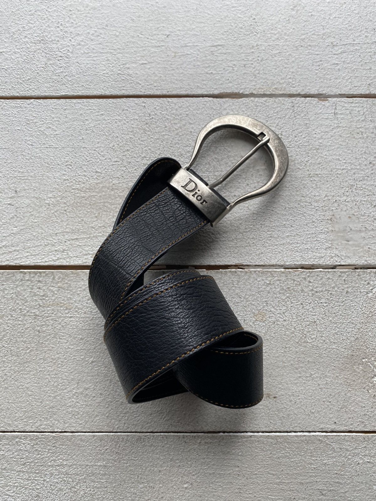 Pre-owned Dior Luxury Christian  Black Leather Buckle Belt Mens