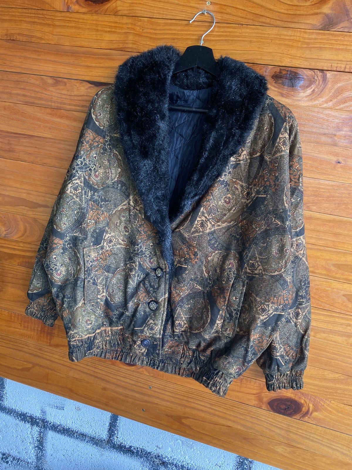 Vintage 1980s–1990s Baroque Pattern Bomber Jacket Faux Fur Collar Size L / US 10 / IT 46 - 4 Thumbnail
