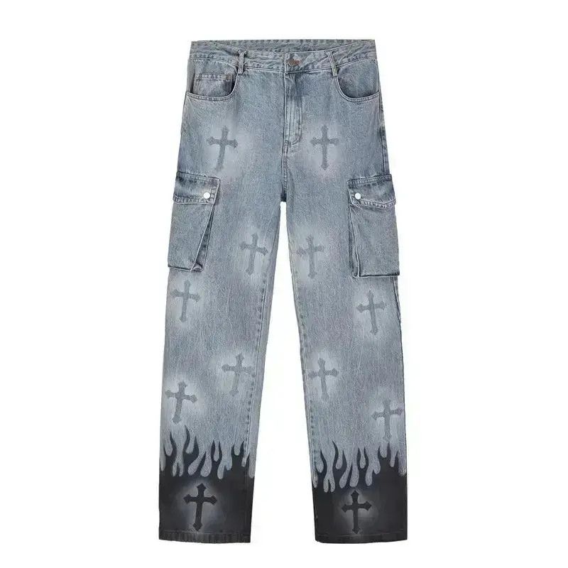 Japanese Brand High Street Cross Print Punk Rock Style Jeans Pants Size US 32 / EU 48 - 6 Thumbnail