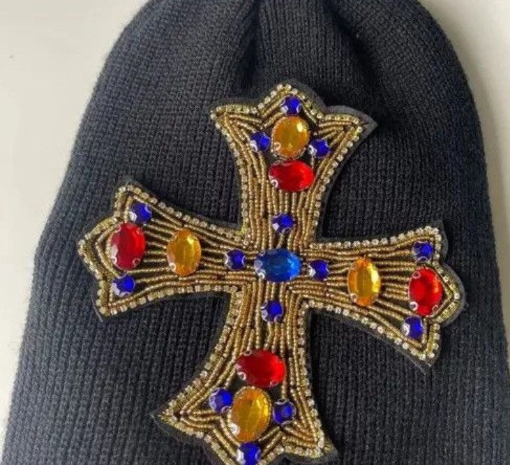 Outdoor retro huge rhinestone cross knitted beanie hat