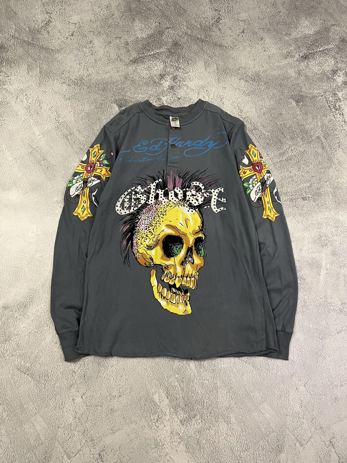 Vintage Y2k Ed Hardy Skull Cross Tattoo Rare Long Sleeve 00s