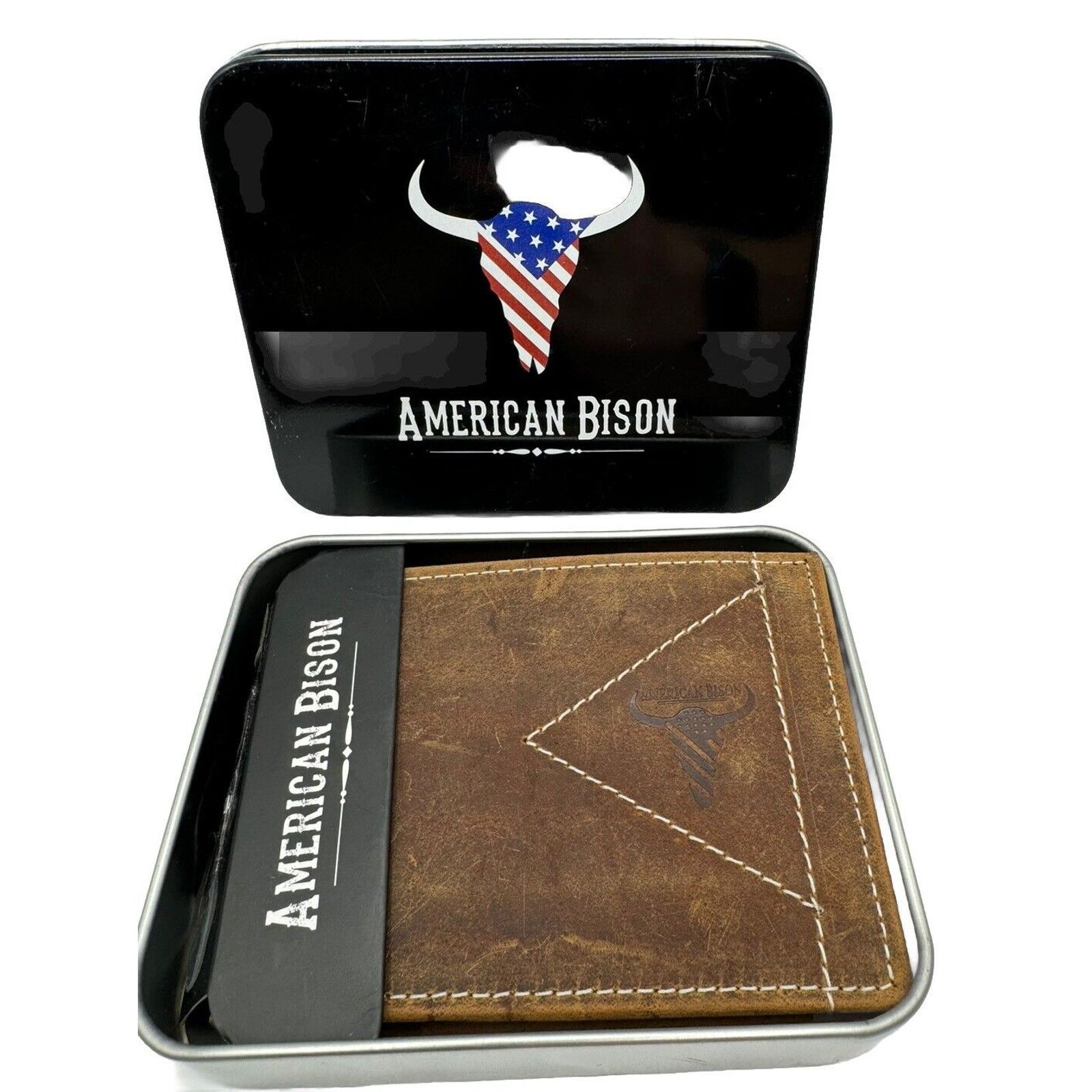The Unbranded Brand AMERICAN BISON GENUINE LEATHER BROWN MENS WALLET Tin Box NEW Size ONE SIZE - 1 Thumbnail