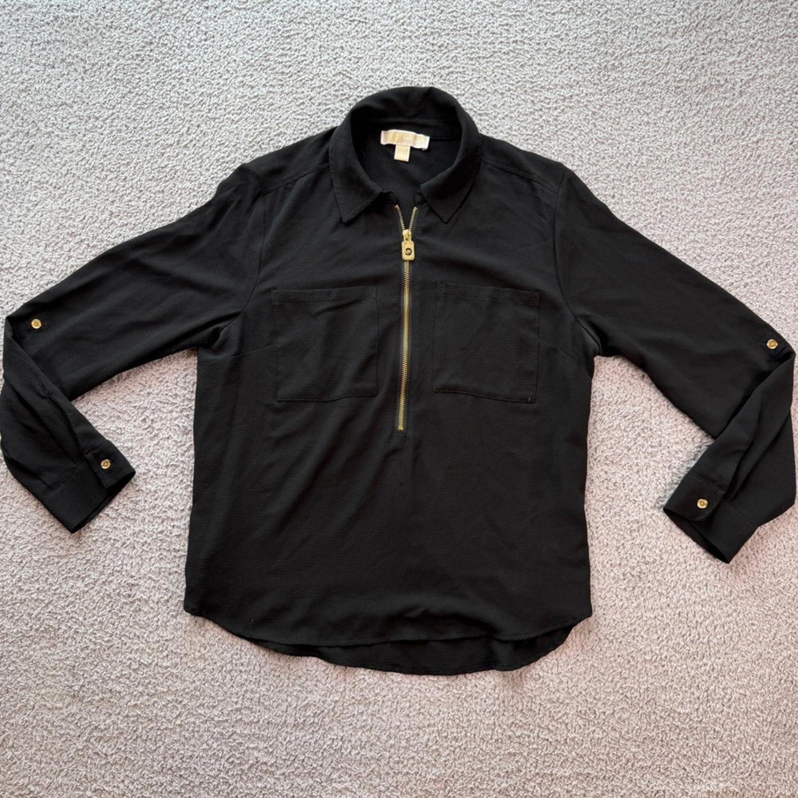 Michael Kors Michael Michael Kors Women Black Half Zip Roll Tab Blouse L Size L / US 10 / IT 46 - 1 Thumbnail