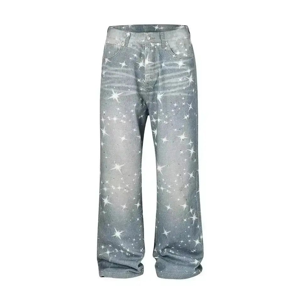 Japanese Brand Stars Rhinestone Washed Baggy Printed Jeans Size US 32 / EU 48 - 1 Thumbnail