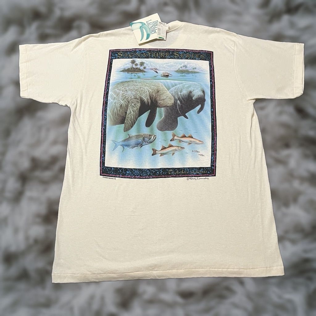 VINTAGE Habitat Manatee T-Shirt Unisex Adults XL Beige All Over Print AOP Logo Manatee Habitat Manatee Shirt 90s USA