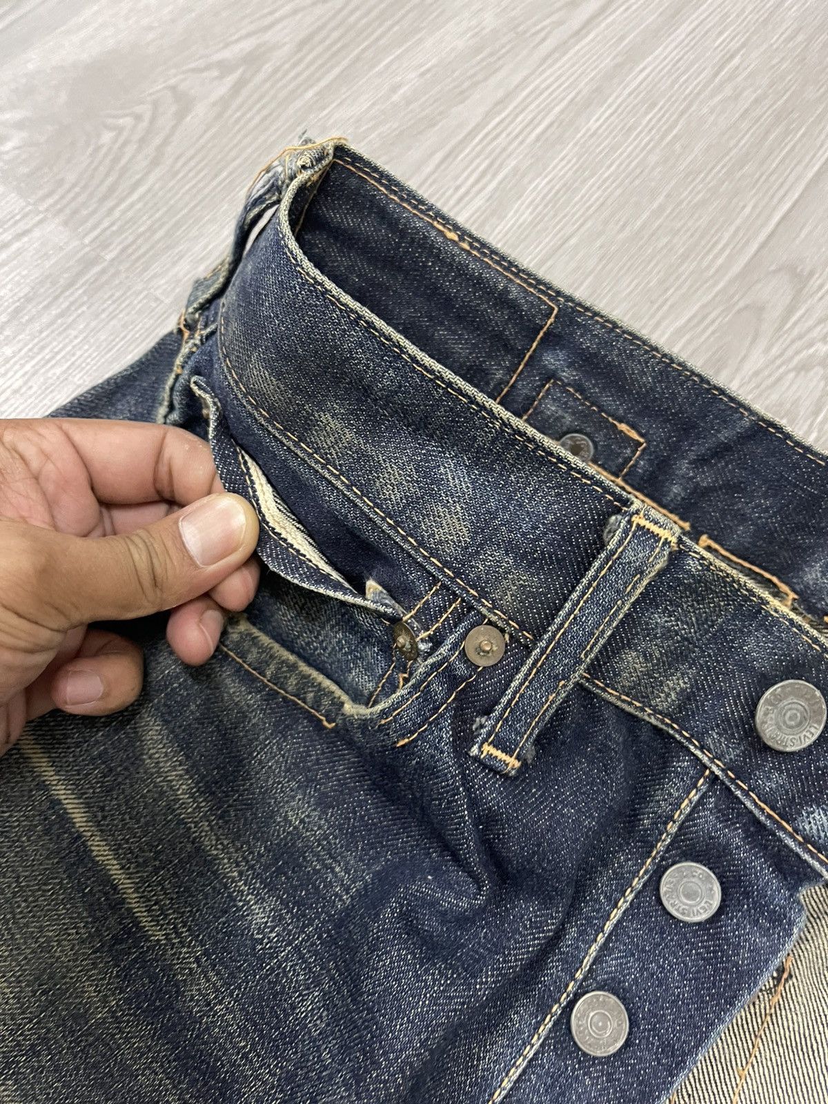 Levi's Vintage Clothing Levi’s 501xx Big E Buckle Back Selvedges distressed denim Size US 29 - 8 Thumbnail