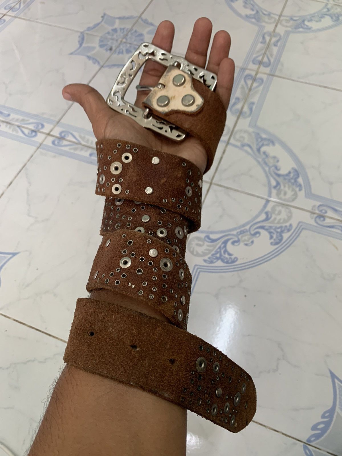 If Six Was Nine Vtg Rare Leather Belt Star Dagger Like Chrome Hearts Design Size ONE SIZE - 2 Thumbnail