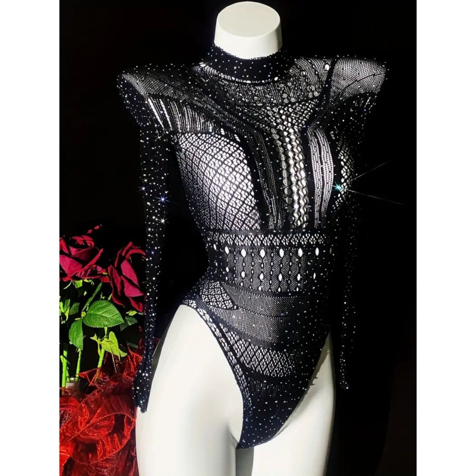 Other Club Sheer Elegant Black Rhinestone Long Sleeve Bodysuit Size ONE SIZE - 1 Thumbnail