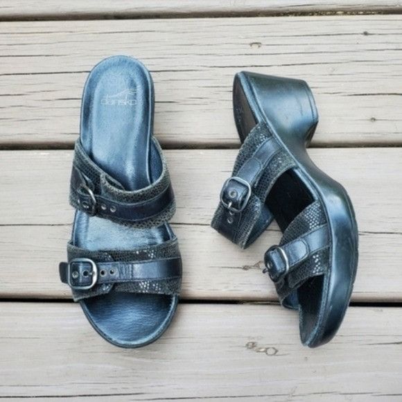 Dansko Dansko Jessie Black Lizard Leather 2 Strap Buckle Sandals Size US 7.5 / IT 37.5 - 2 Thumbnail