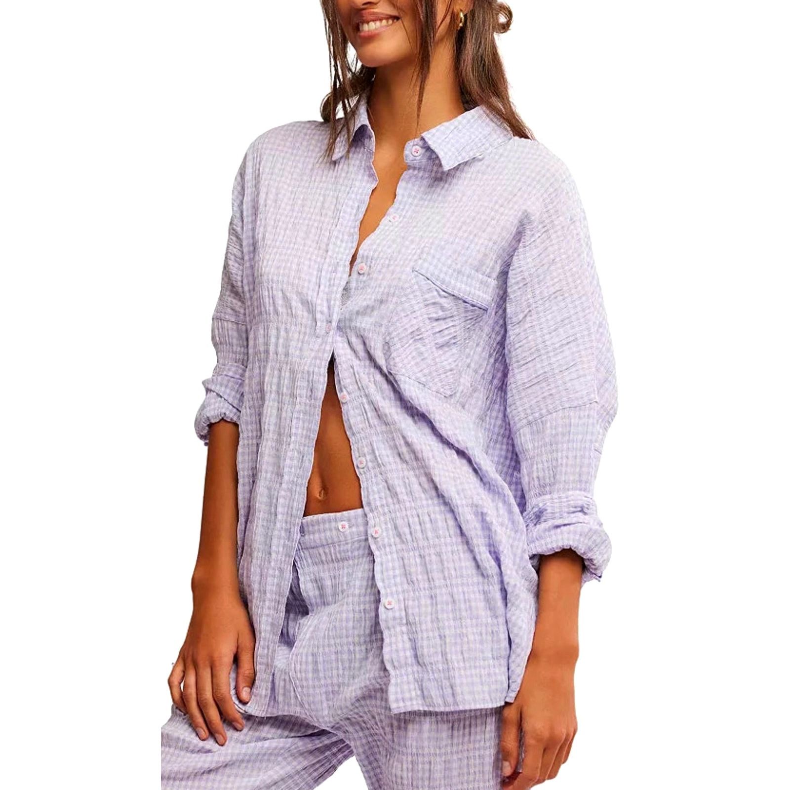 Free People Free People Textured Pajama Shirt Mini Dress in Lilac Medium Size M / US 6-8 / IT 42-44 - 2 Thumbnail