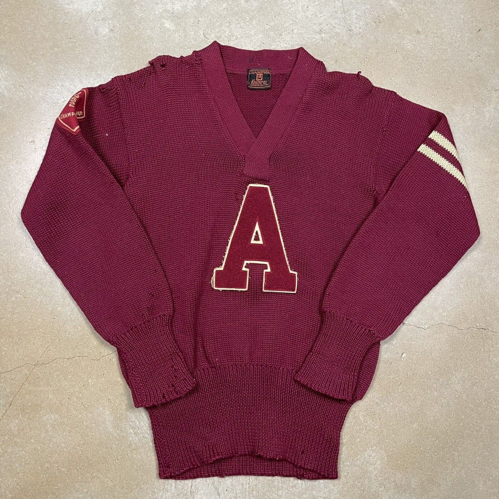 image of 1952 Champion Running Man V Neck Knit Sweater in Maroon, Men's (Size Small)