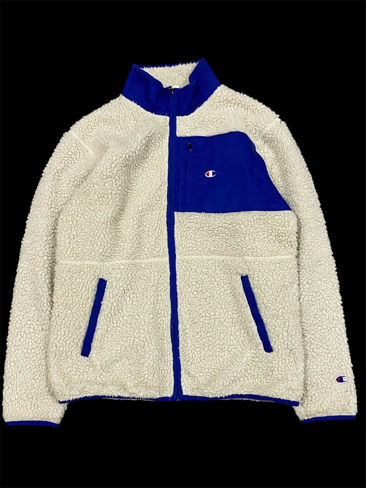Champion Sherpa Fleece Full Zip Jacket – Cream / Royal Blue