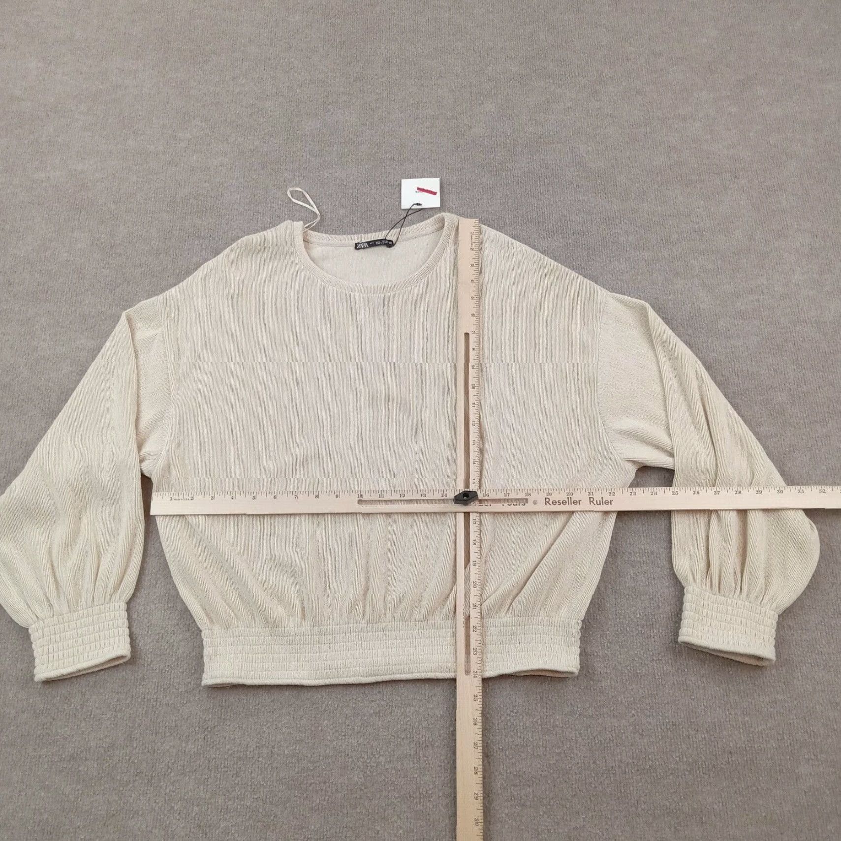Zara Womens Zara Large Top Beige Balloon Sleeve Long Sleeve Ribbed Casual Stretch Size L / US 10 / IT 46 - 2 Thumbnail