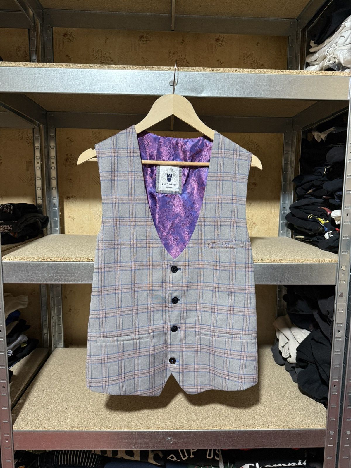 Designer Rare Marc Darcy London Grey Suit Grey And Violet Vest Size 38S - 1 Thumbnail