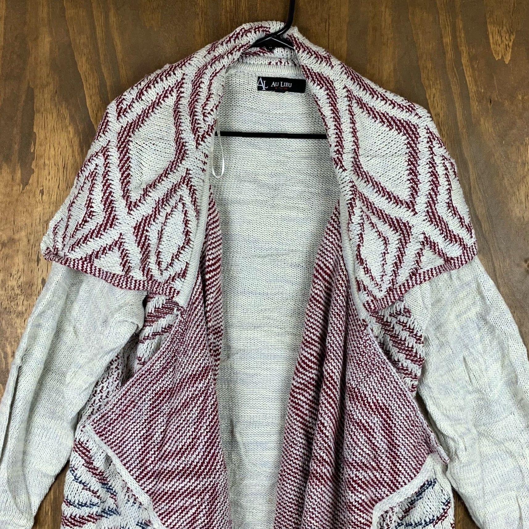 Vintage Au Lieu Womens Cardigan Sweater Gray Burgundy Aztec Open Waterfall Front 3X Size XXL / US 16-18 / IT 52-54 - 2 Thumbnail