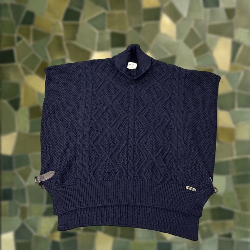 Vintage VINTAGE Blarney Sweater Poncho Womens One Size Navy Merino Wool Cable Cowl Neck Capes Buckle 90s Womens Size ONE SIZE - 1 Thumbnail