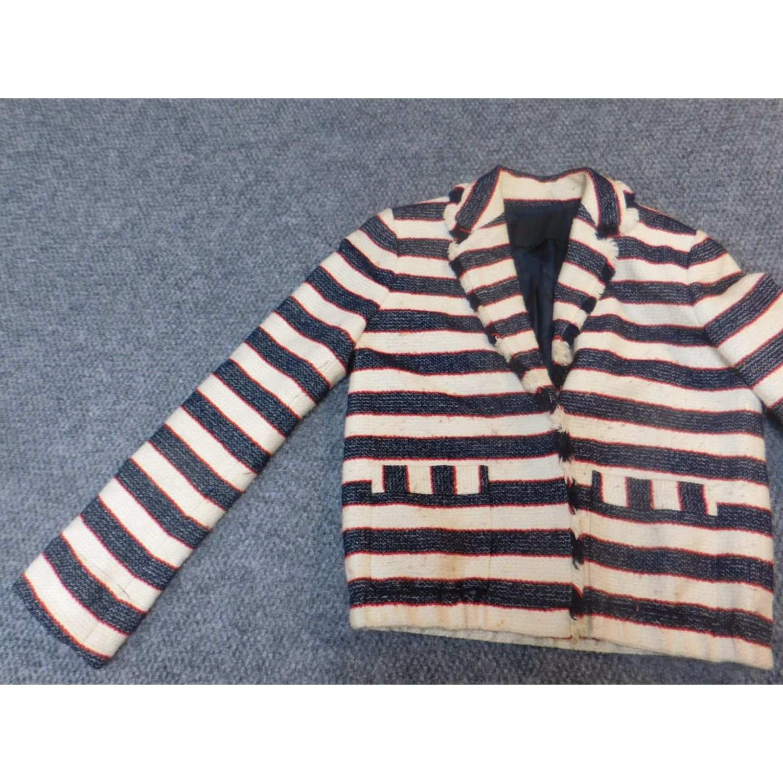 J.Crew J.CREW Blazer Womens 0 Blue Beige Striped Knit Cotton Mid-Length Button - Classic Casual Fall Winter Mens Womens Girls Size XS / US 0-2 / IT 36-38 - 3 Thumbnail