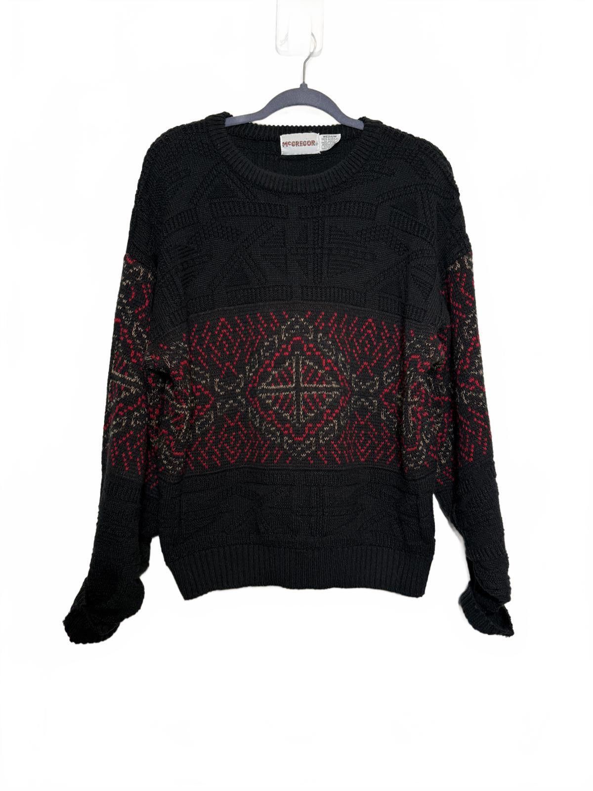 McGregor Vintage 80s Black and Red Patterned Cable Knit Sweater Size US M / EU 48-50 / 2 - 1 Thumbnail
