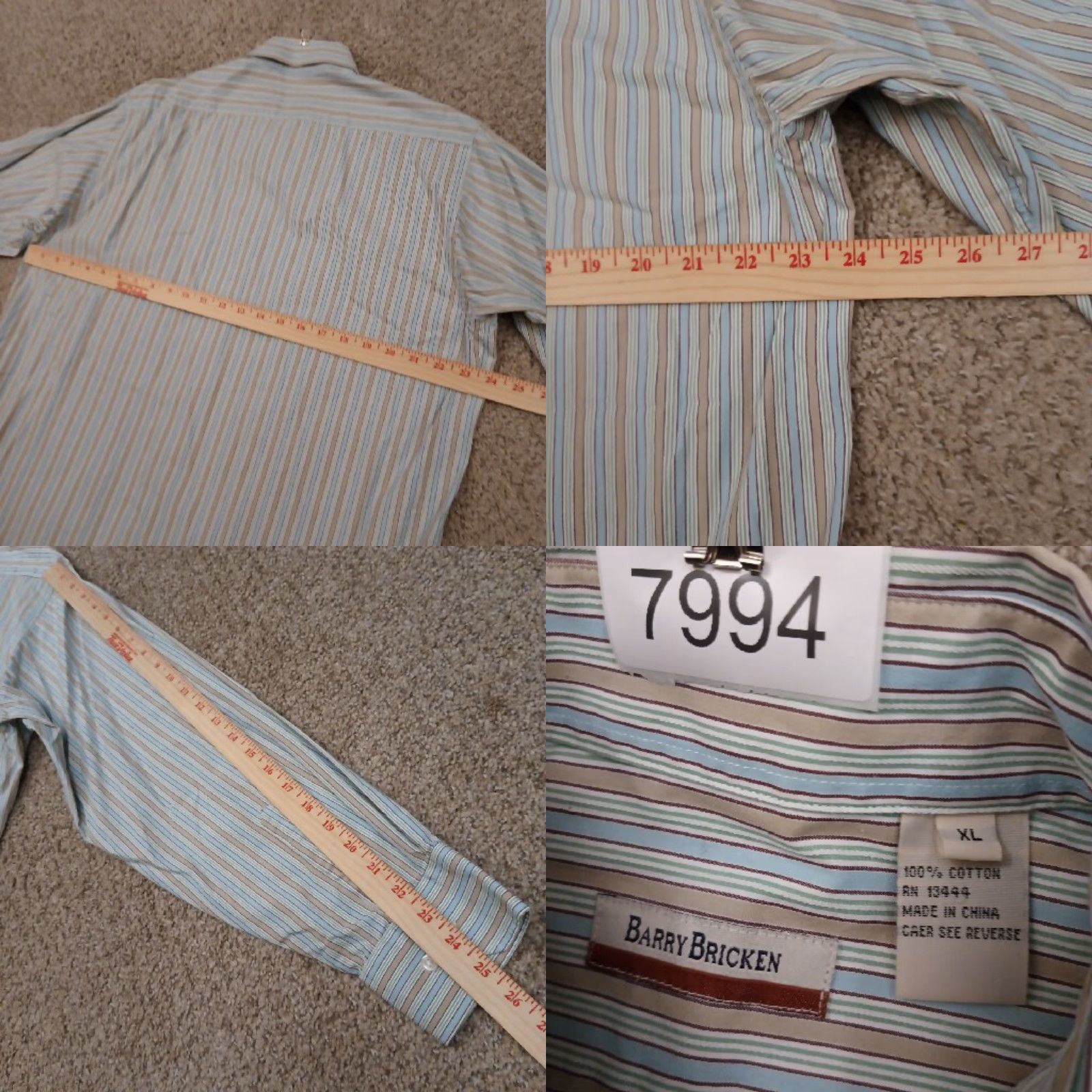 Vintage Barry Bricken Shirt Mens XL Beige Blue Striped Long Sleeve Button-Up Cotton Size US XL / EU 56 / 4 - 8 Thumbnail